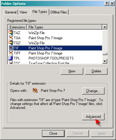 Find the file type and click Advanced