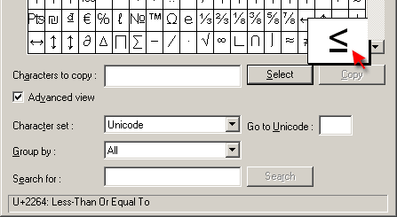 Advanced View in Character Map