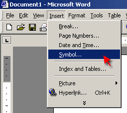 The Symbol option in MS Word's Insert Menu