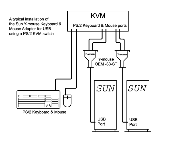 Connect Outputs from KVM to Y-mouse and output of Y-mouse to SUN USB port