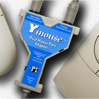 Y-mouse Dual Mouse Adapter shown with mouse and track ball